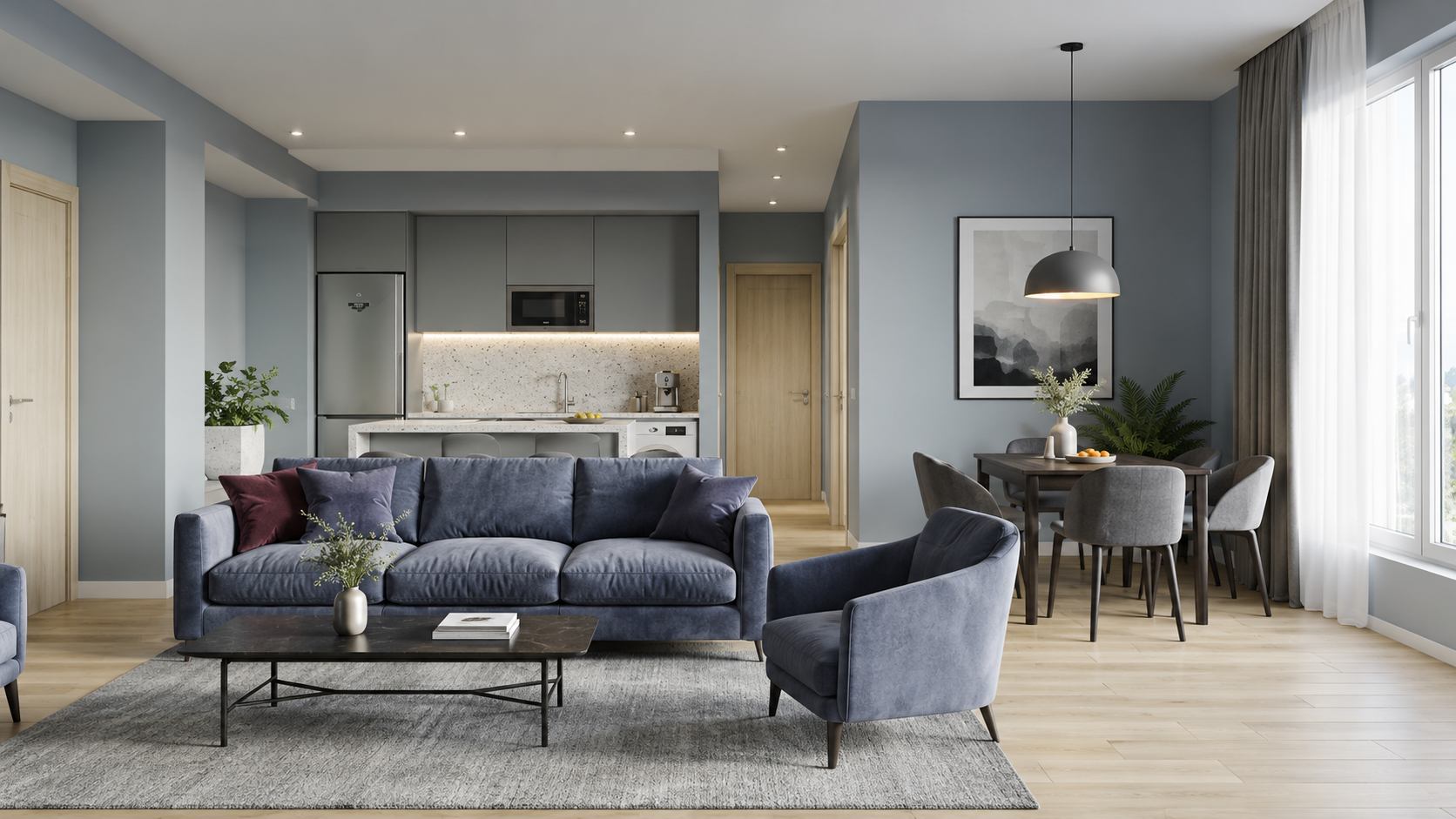 A modern 62 square meter interior design concept located near the artificial lake of Tirana, featuring an open-plan layout, a cozy bedroom, and clean grey tones